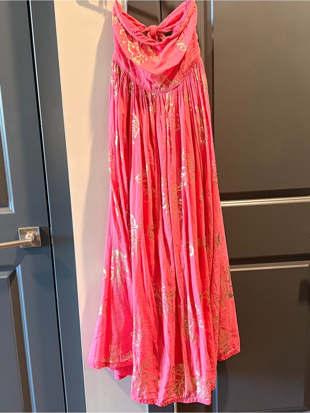 Free People Baja Babe Maxi Dress | Pink & Metallic Gold | Size L ✨🌸
